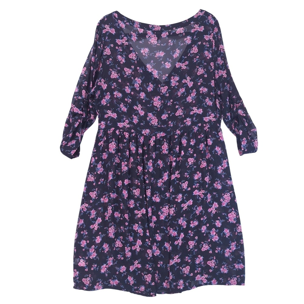 Torrid Floral Chiffon Babydoll Dress Sz 1 Roll Tab Sleeve Sheer Black Pink Flowy